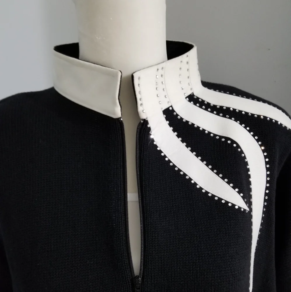 White Suede Rhinestone Trim Black Sweater - Picture 4 of 9